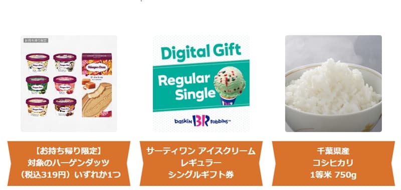 楽天自動車保険プレゼントの千葉県産コシヒカリ750g・ハーゲンダッツ・サーティワンアイスクリームの画像